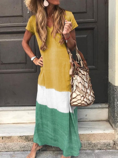 Women’s Maxi Dress – V-Neck – Short Sleeve – Relaxed Fit – Breathable Natural Fibers