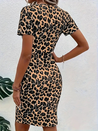 Women's Bodycon Dress - Short Sleeve - Cutout Neckline - Mesh Panel - Animal Print