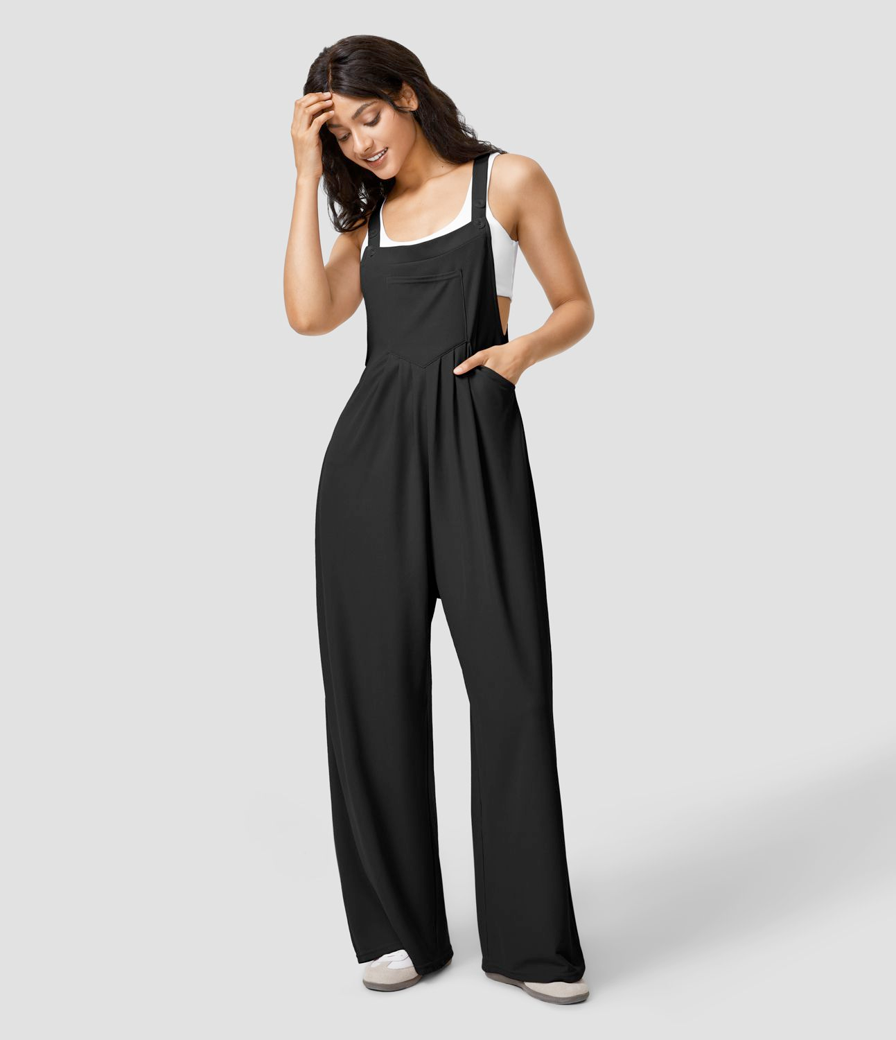 Women's Wide-Leg Overalls - Relaxed Fit - Button Strap - Casual Lightweight Wear