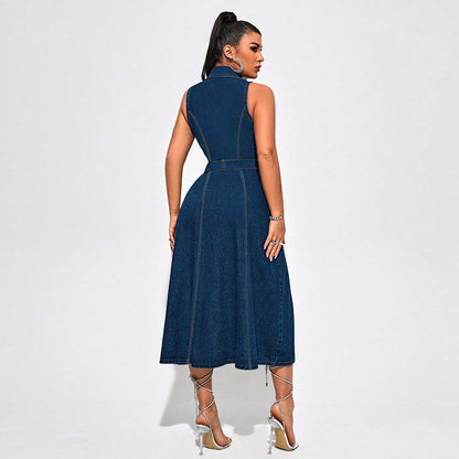 Women's Denim Midi Dress - Button-up Front  - Sleeveless