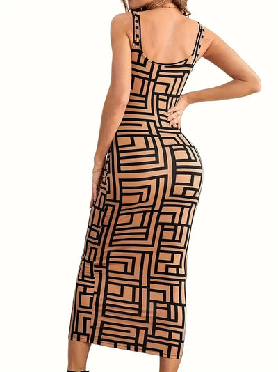 Women's Bodycon Midi Dress - Square Neck - Sleeveless - Geometric Pattern - Fitted Silhouette