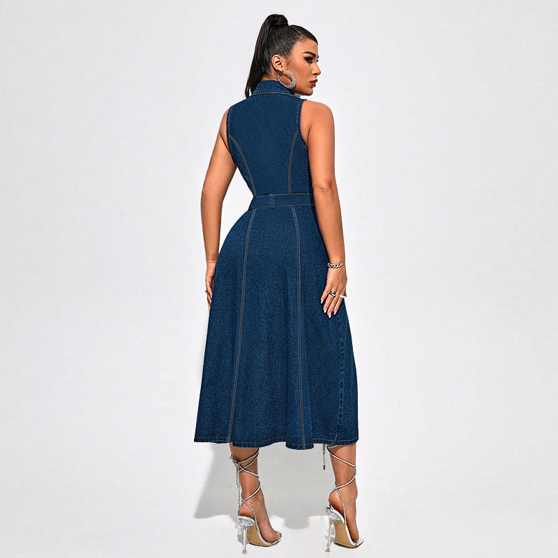 Women's Denim Midi Dress - Button-up Front  - Sleeveless