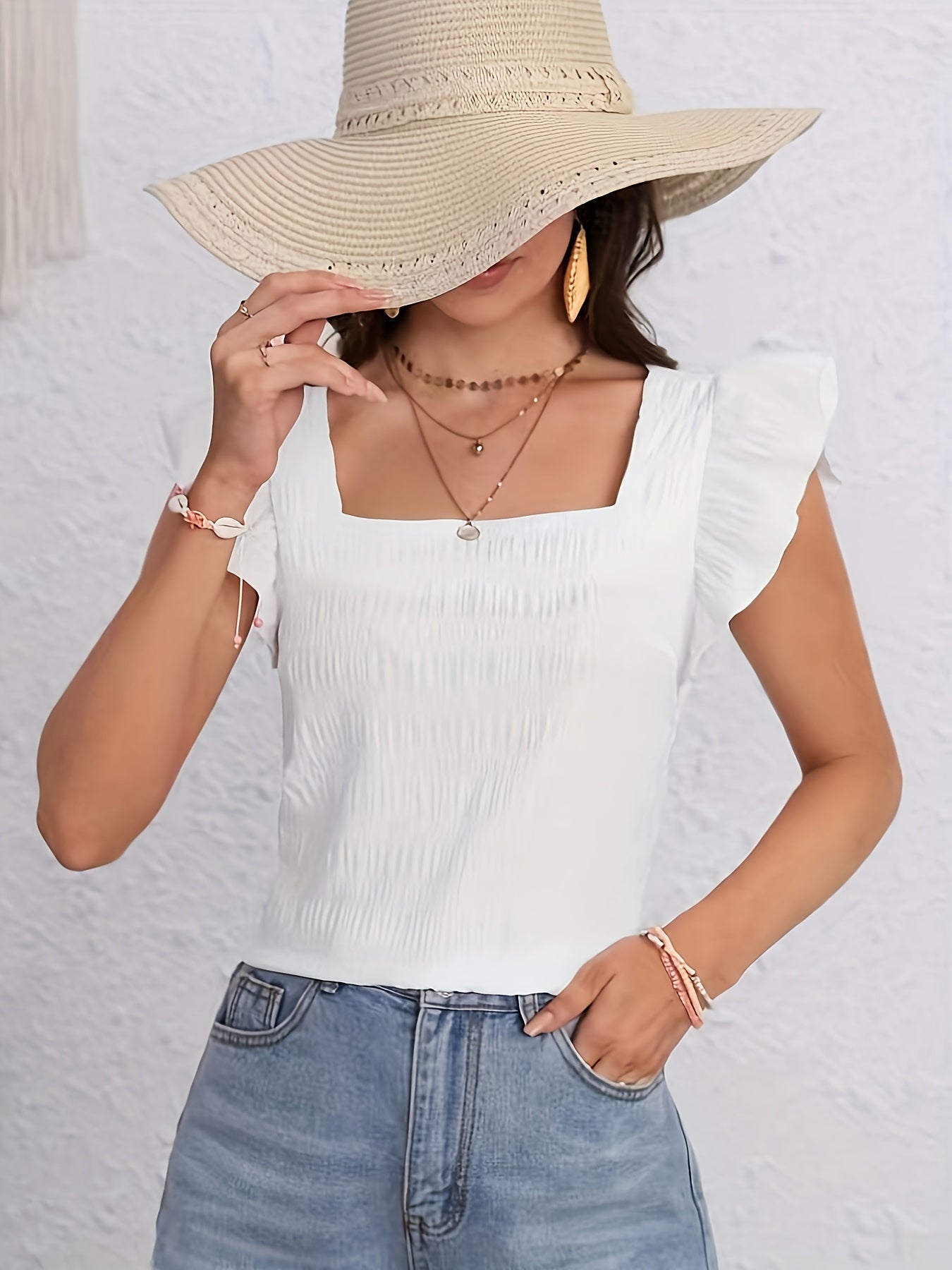 Smocked square-neck top with flutter sleeves for women