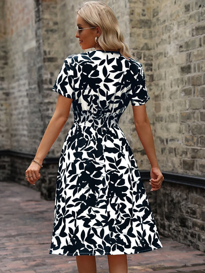 Elegant Midi Dress for Women - Floral Print with Smocked Details