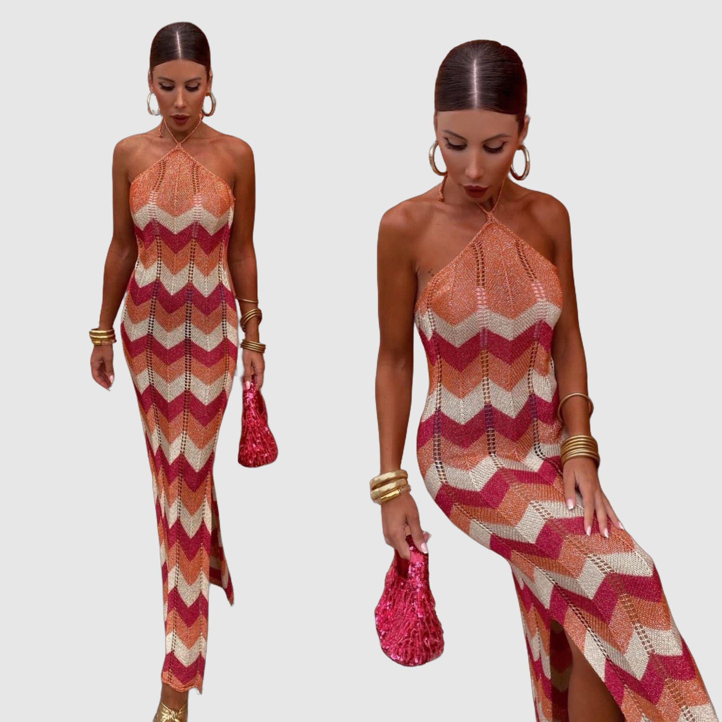 Women's Halter-Neck Maxi Dress - Zigzag Pattern - Sleeveless - High Slit Elegant Fit