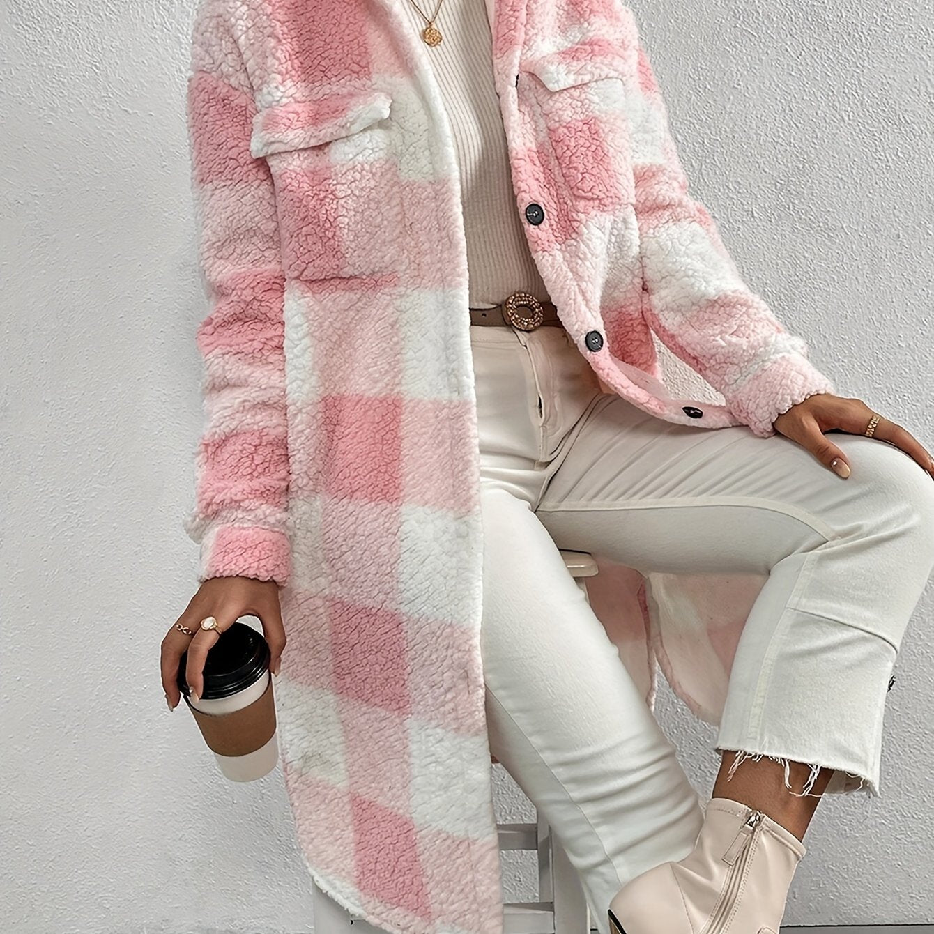 Women’s long sleeve checked coat