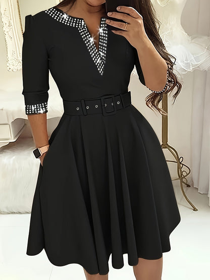 Women's A-Line Dress - V-Neck Embellished - 3/4 Sleeve Midi - Belted Waist