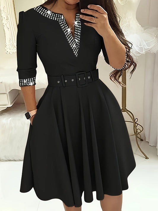 Women's A-Line Dress - V-Neck Embellished - 3/4 Sleeve Midi - Belted Waist
