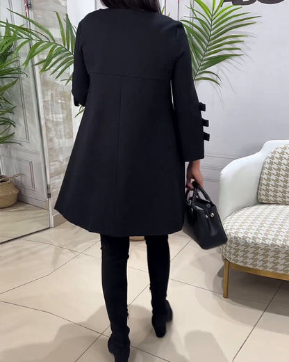 Women's A-Line Dress - Long Sleeve with Bow Detail - Elegant Knee-Length Round Neck