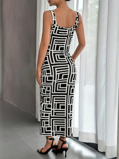 Women's Bodycon Midi Dress - Square Neck - Sleeveless - Geometric Pattern - Fitted Silhouette
