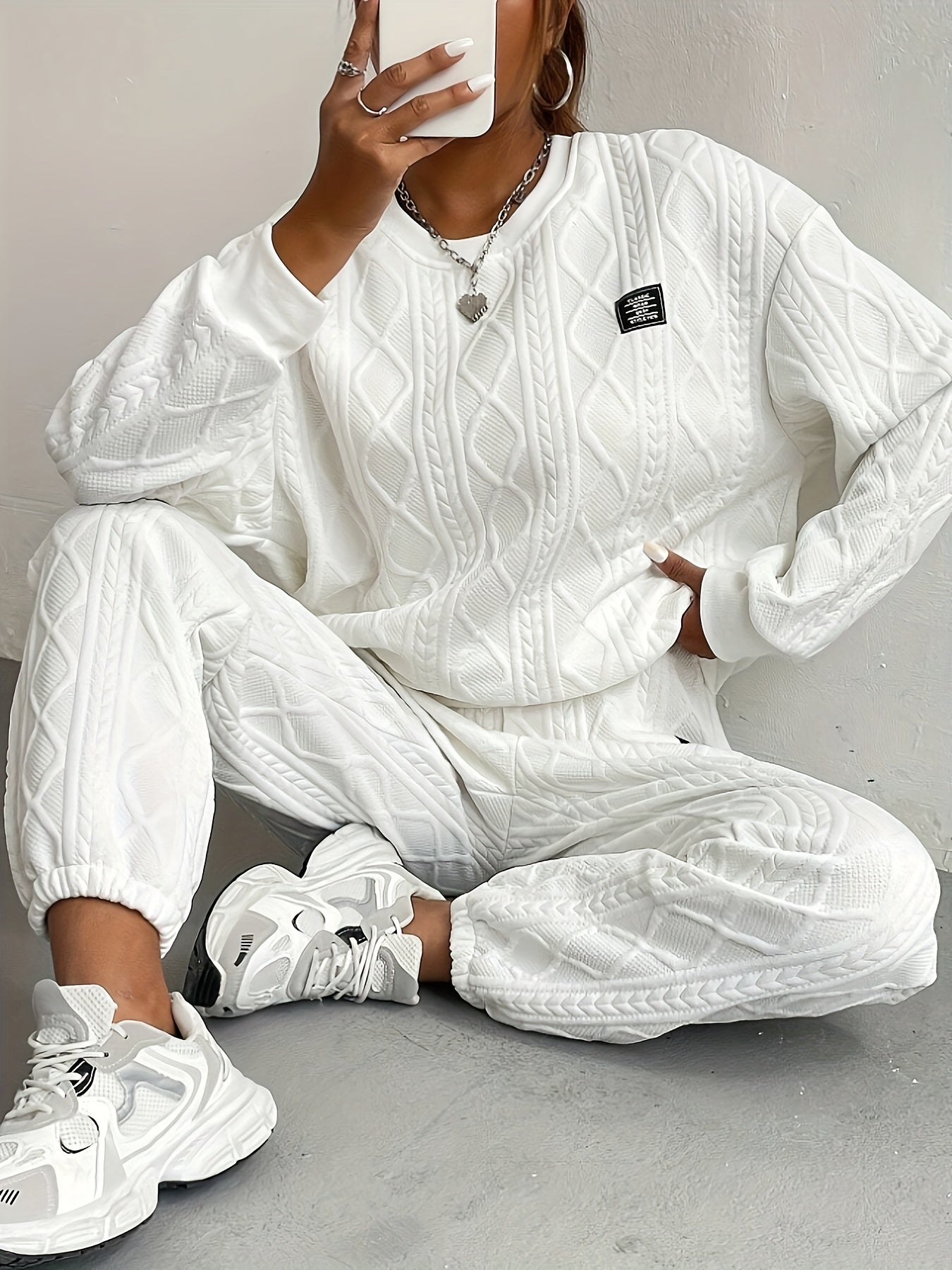 Women’s Lounge Set – Cable Knit – Relaxed Fit – Ribbed Cuffs – Full Length Cozy Wear
