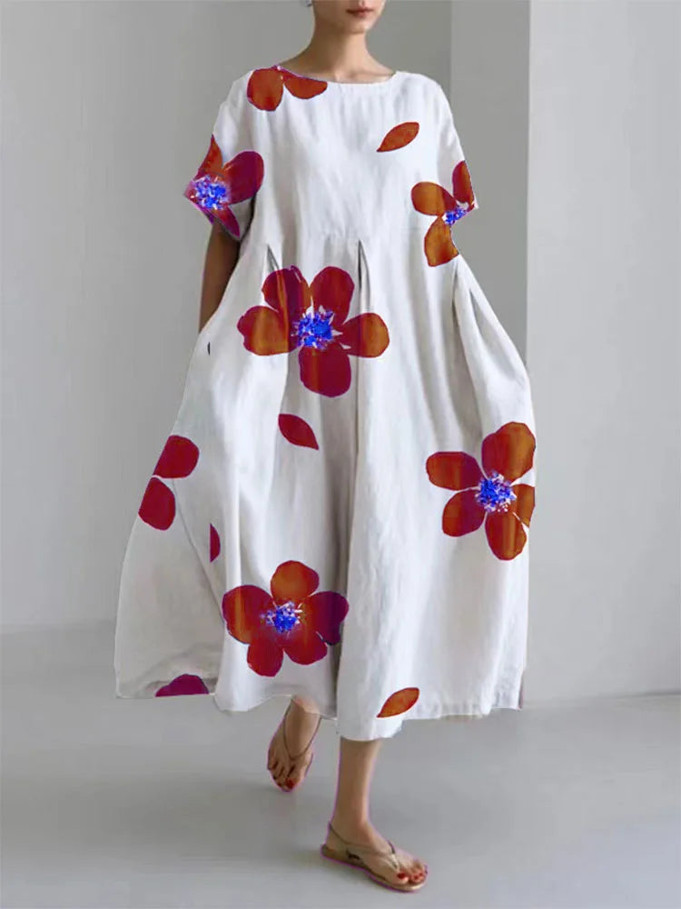 Women's Casual Loose Floral Dress with Round Neck – Spring Summer