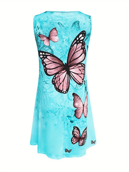 Women's Summer Butterfly Print Sleeveless Dress with Round Neck