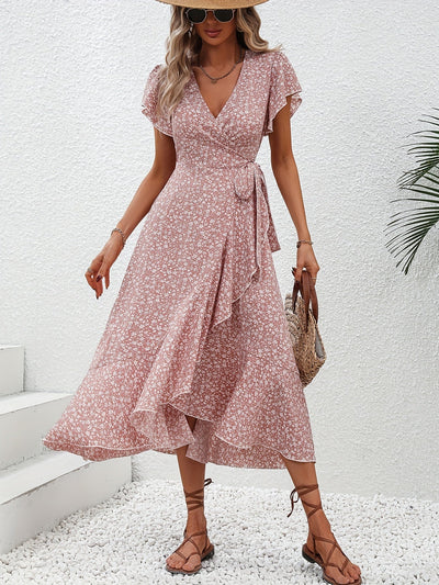 Women's Wrap Dress - Floral Print - V-Neck - Short Flutter Sleeves - Midi Length