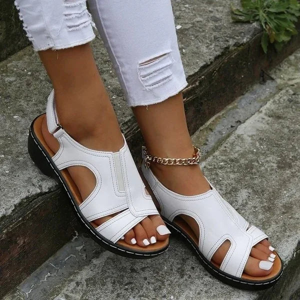 Women's Wedge Sandals - Synthetic Leather - Cut-Out Design - Adjustable Strap - Open Toe