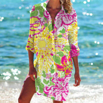 Women’s Tunic Cover-Up – Relaxed Fit – Breathable Blend – Button Front – Bold Print