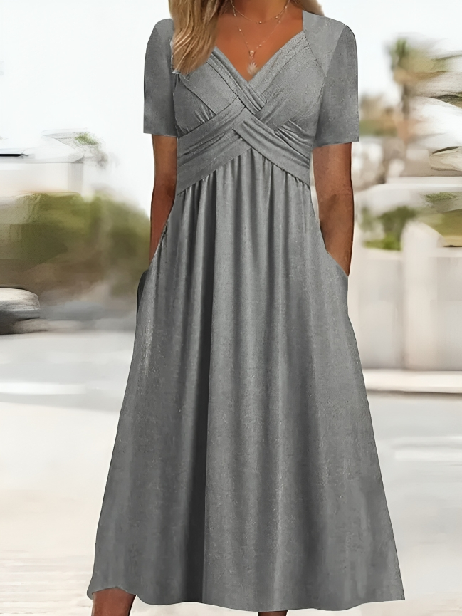 Women's A-Line Dress - Criss-Cross Bust - Short Sleeve - Knee-Length with Pockets