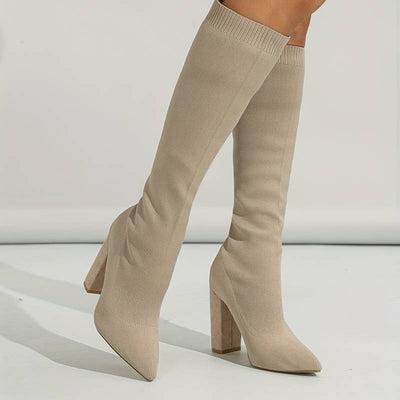 Women’s Knee High Sock Boots – Stretch Knit – Slim Fit – Pointed Toe – Block Heel