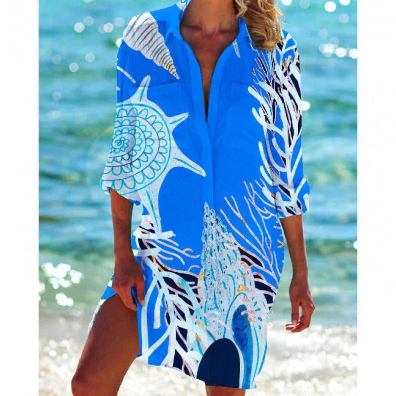 Women’s Tunic Cover-Up – Relaxed Fit – Breathable Blend – Button Front – Bold Print