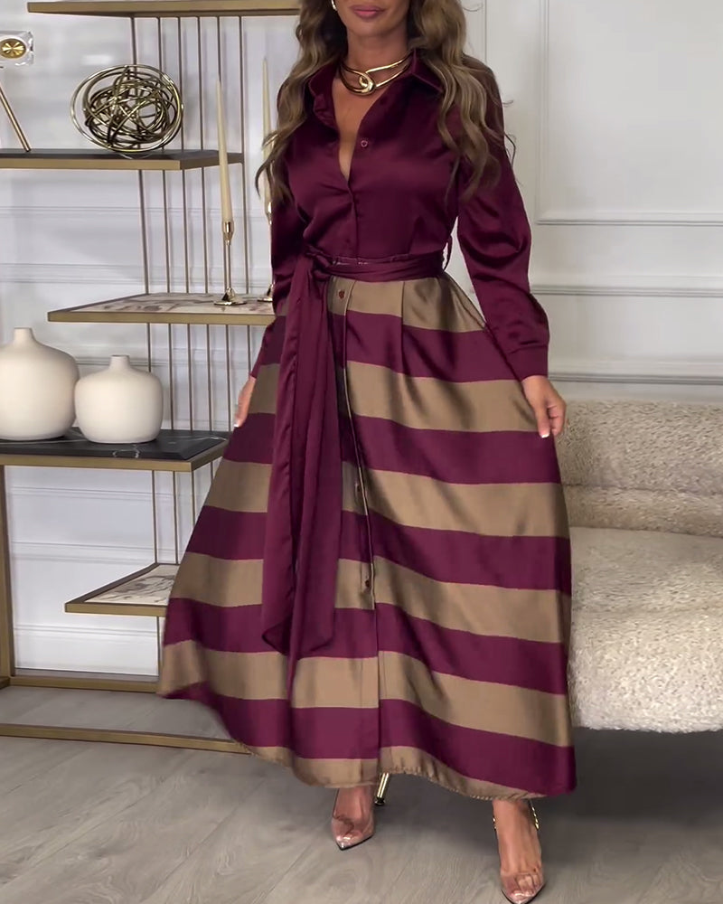 Women's Maxi Shirt Dress - Button-Up Long Sleeve - Striped Flowing Skirt - Belted Waist