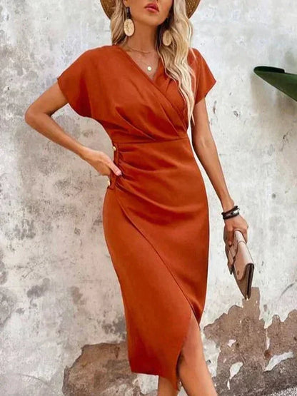 Women's Wrap Dress - V-Neck - Short Sleeve - Fitted Waist - Elegant Midi Length
