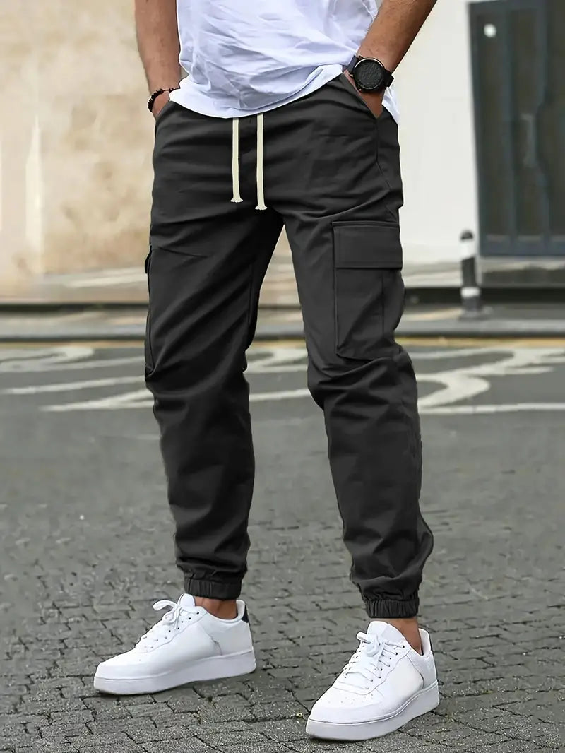 Men’s Jogger Trousers - Tapered Fit - Elastic Waist & Cuffs - Cargo Pockets - Casual Wear