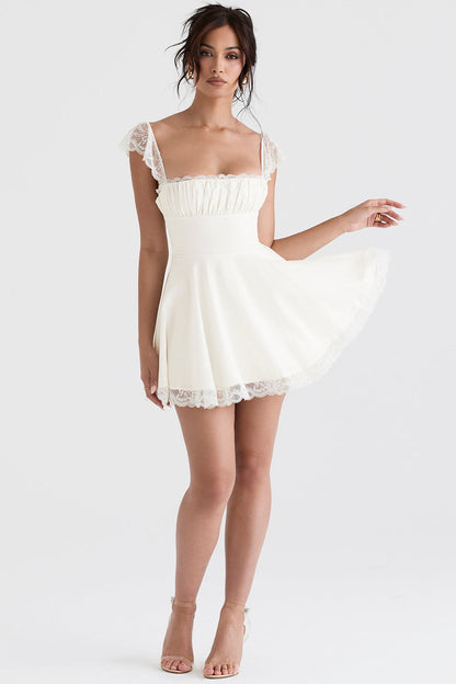 Women's Dress - Square Neck - Lace Trim - Short Sleeve A-Line - Elegant & Flattering