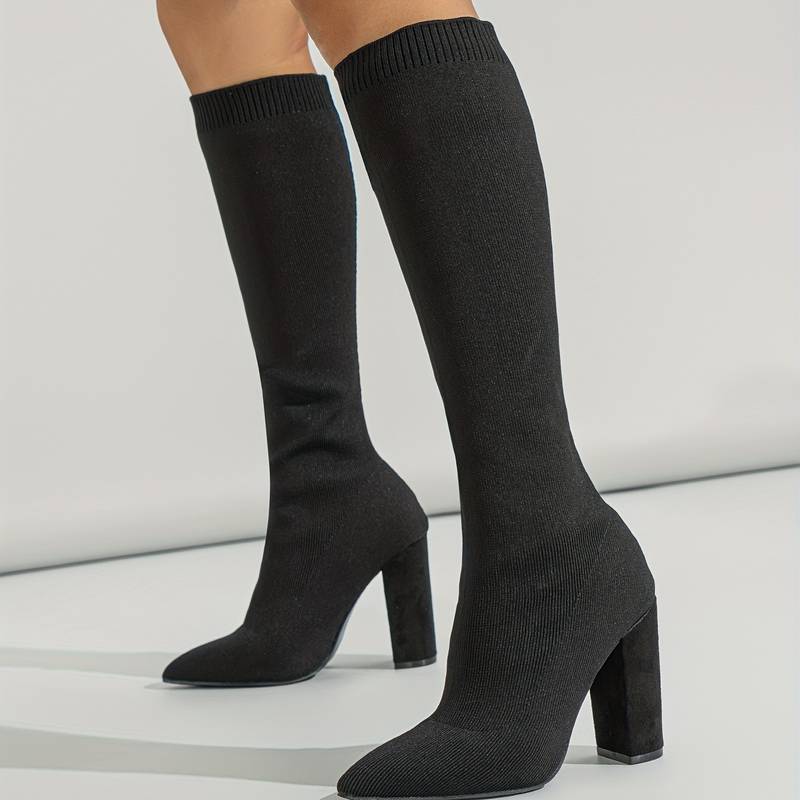 Women’s Knee High Sock Boots – Stretch Knit – Slim Fit – Pointed Toe – Block Heel
