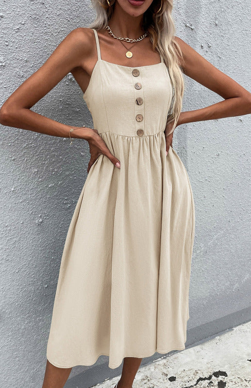Women's Midi Dress - Sleeveless A-Line - Button-Down Fitted Bodice - Flared Casual Fit
