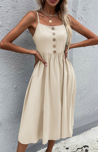 Women's Midi Dress - Sleeveless A-Line - Button-Down Fitted Bodice - Flared Casual Fit