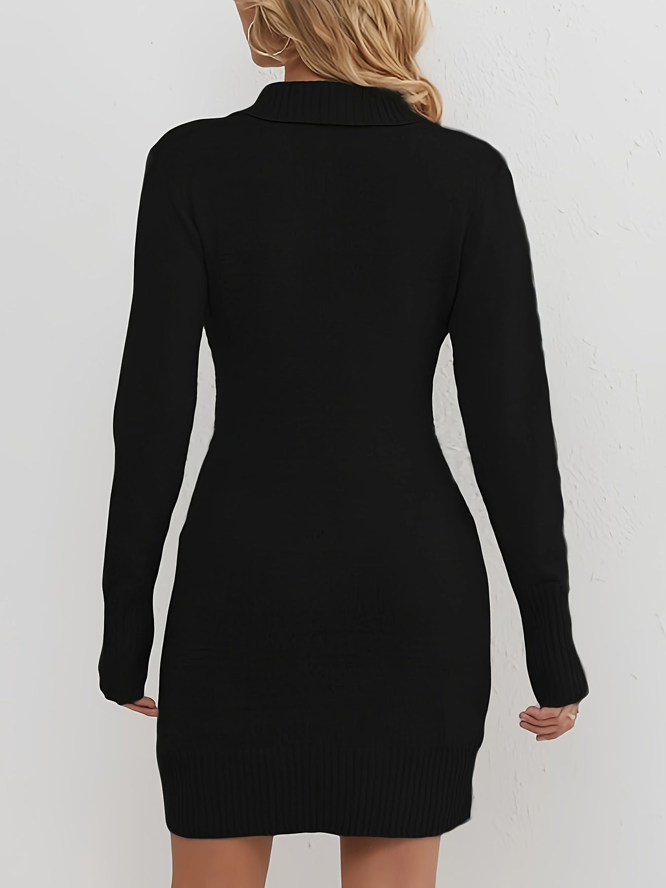 Women's Knitted Sweater Dress - Wrap V-Neck - Long Sleeve - Button Detail - Bodycon Fit