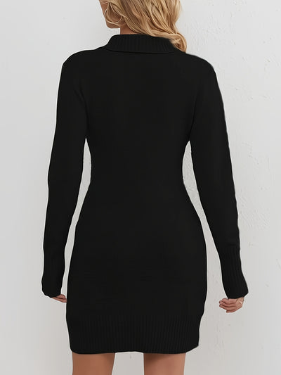 Women's Knitted Sweater Dress - Wrap V-Neck - Long Sleeve - Button Detail - Bodycon Fit