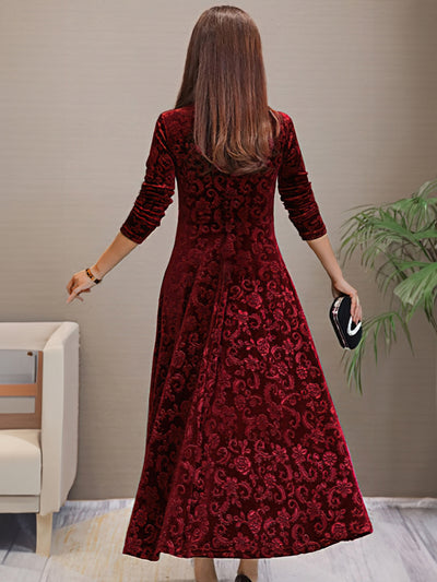 Women’s Midi Dress - Velvet A-Line - Floral Pattern - V-Neck - 3/4 Sleeve Elegant Fit
