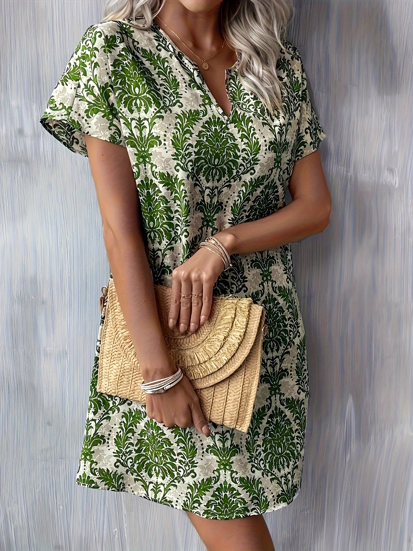 Women's Midi Dress - V-Neck Short Sleeve - Relaxed Fit Floral Damask Pattern