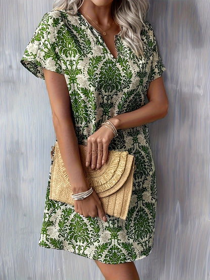 Women's Midi Dress - V-Neck Short Sleeve - Relaxed Fit Floral Damask Pattern