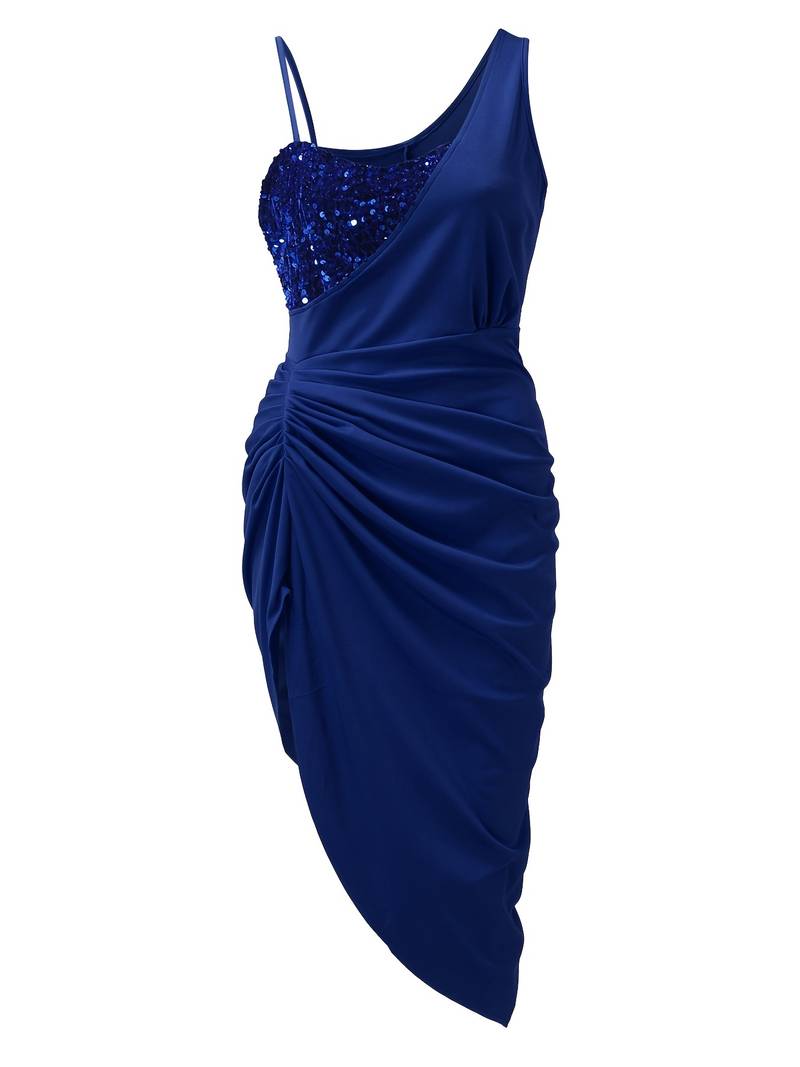 Women's Evening Dress - One Shoulder - Sequin Bodice - Draped Waist - High Slit