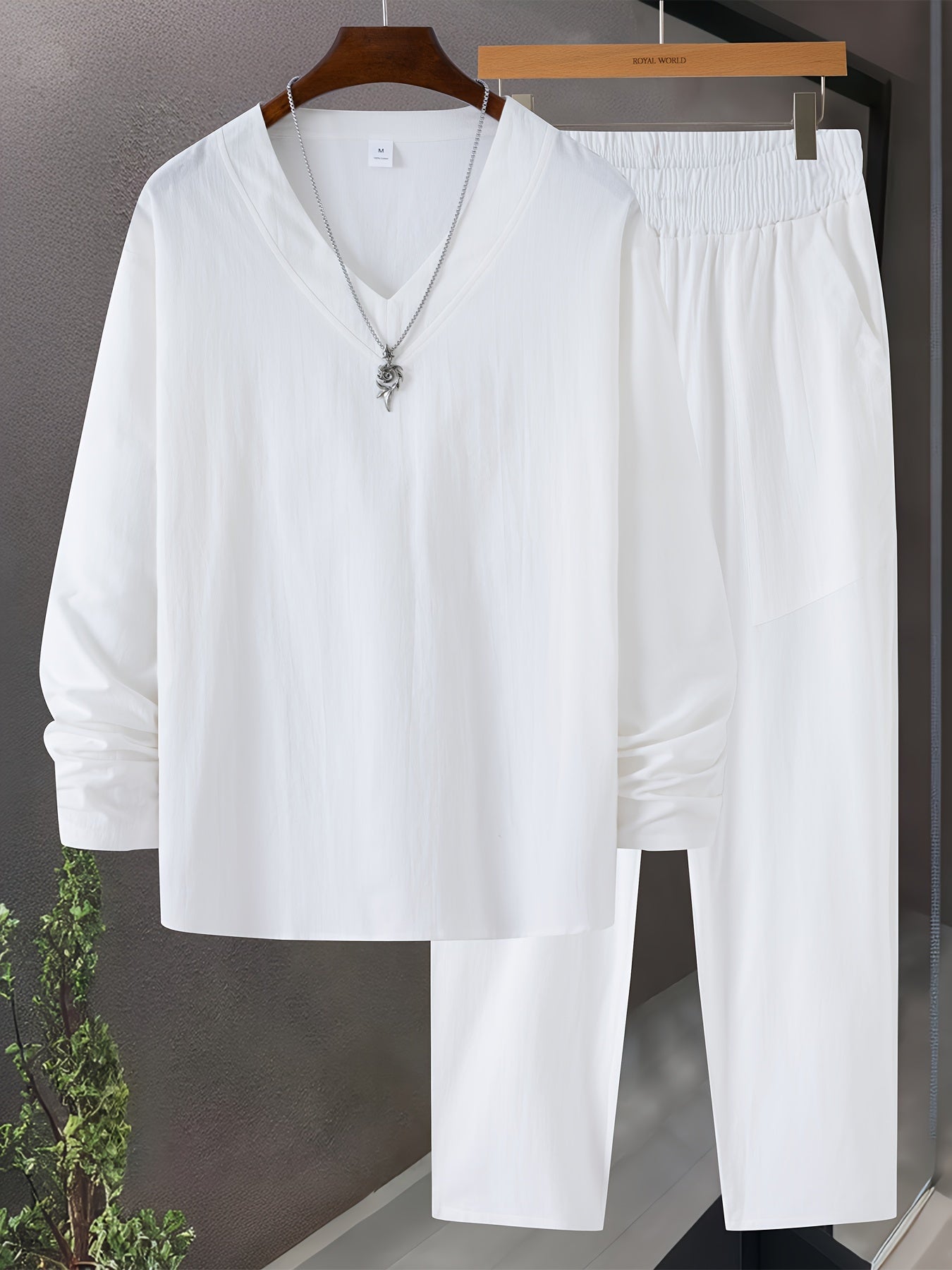 Men’s Loungewear Set – V-Neck Long Sleeve Top – Relaxed Fit Trousers with Pockets