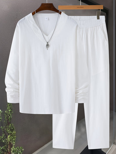 Men’s Loungewear Set – V-Neck Long Sleeve Top – Relaxed Fit Trousers with Pockets
