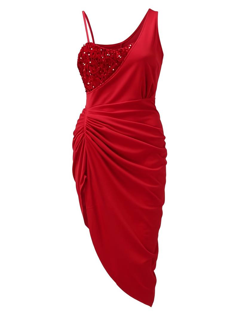 Women's Evening Dress - One Shoulder - Sequin Bodice - Draped Waist - High Slit