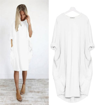 Women’s Midi Dress – Relaxed Fit – Breathable Blend – Round Neck – Side Pockets