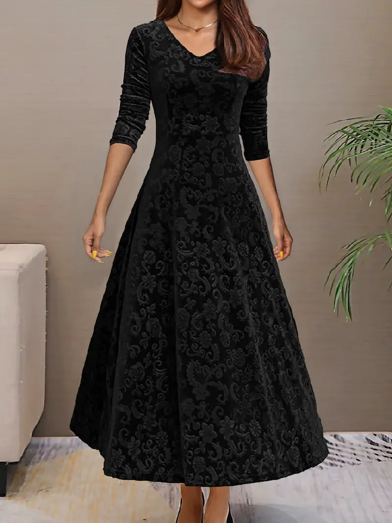 Women’s A-Line Dress – Velvet Feel – Floral Texture – Long Sleeve – Floor Length – V-Neck