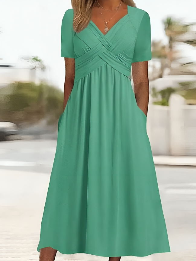Women's A-Line Dress - Criss-Cross Bust - Short Sleeve - Knee-Length with Pockets