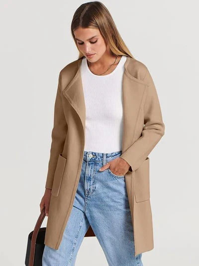 Women’s Knee-Length Coat – Wool Blend – Relaxed Fit – Wide Lapel – Patch Pockets