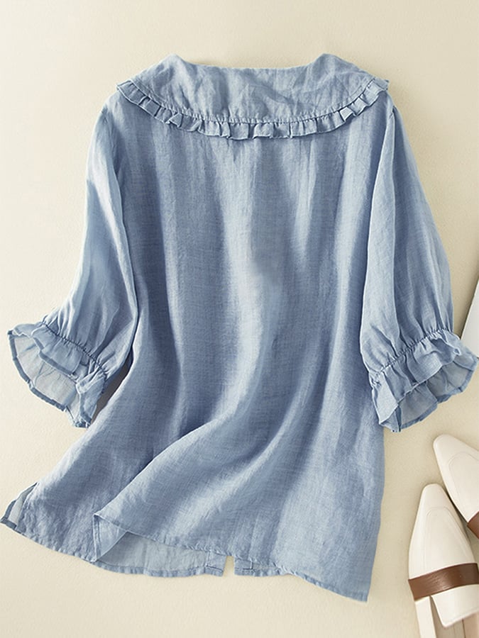 Women's cotton linen loose peter pan ruffles neck shirt