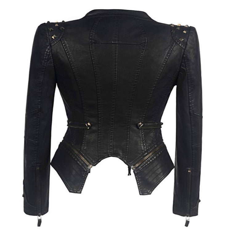 Women's black motorcycle jacket with zipper details