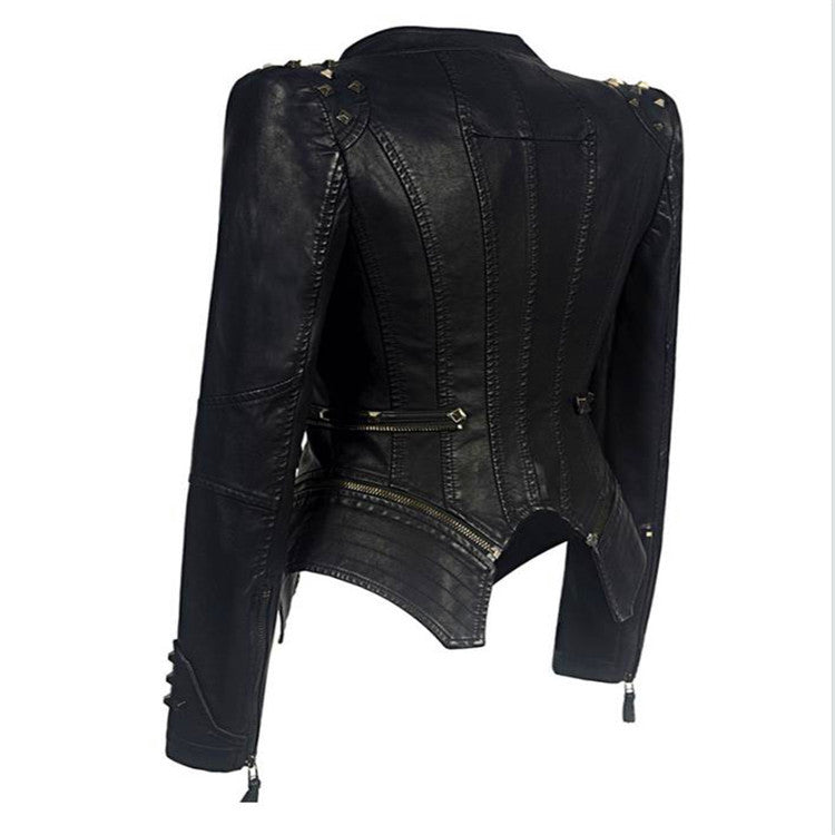 Women's black motorcycle jacket with zipper details