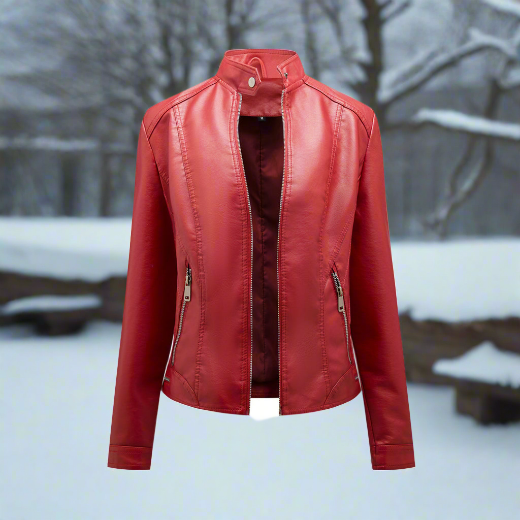 Women’s Leather Jacket – Slim Fit – Stand Collar – Zipper Pockets – Biker Style