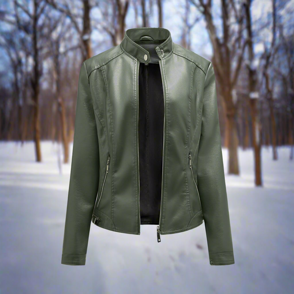 Women’s Leather Jacket – Slim Fit – Stand Collar – Zipper Pockets – Biker Style