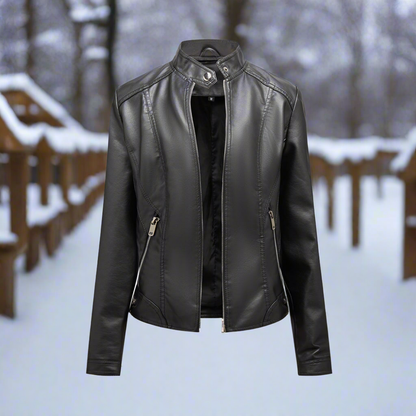 Women’s Leather Jacket – Slim Fit – Stand Collar – Zipper Pockets – Biker Style