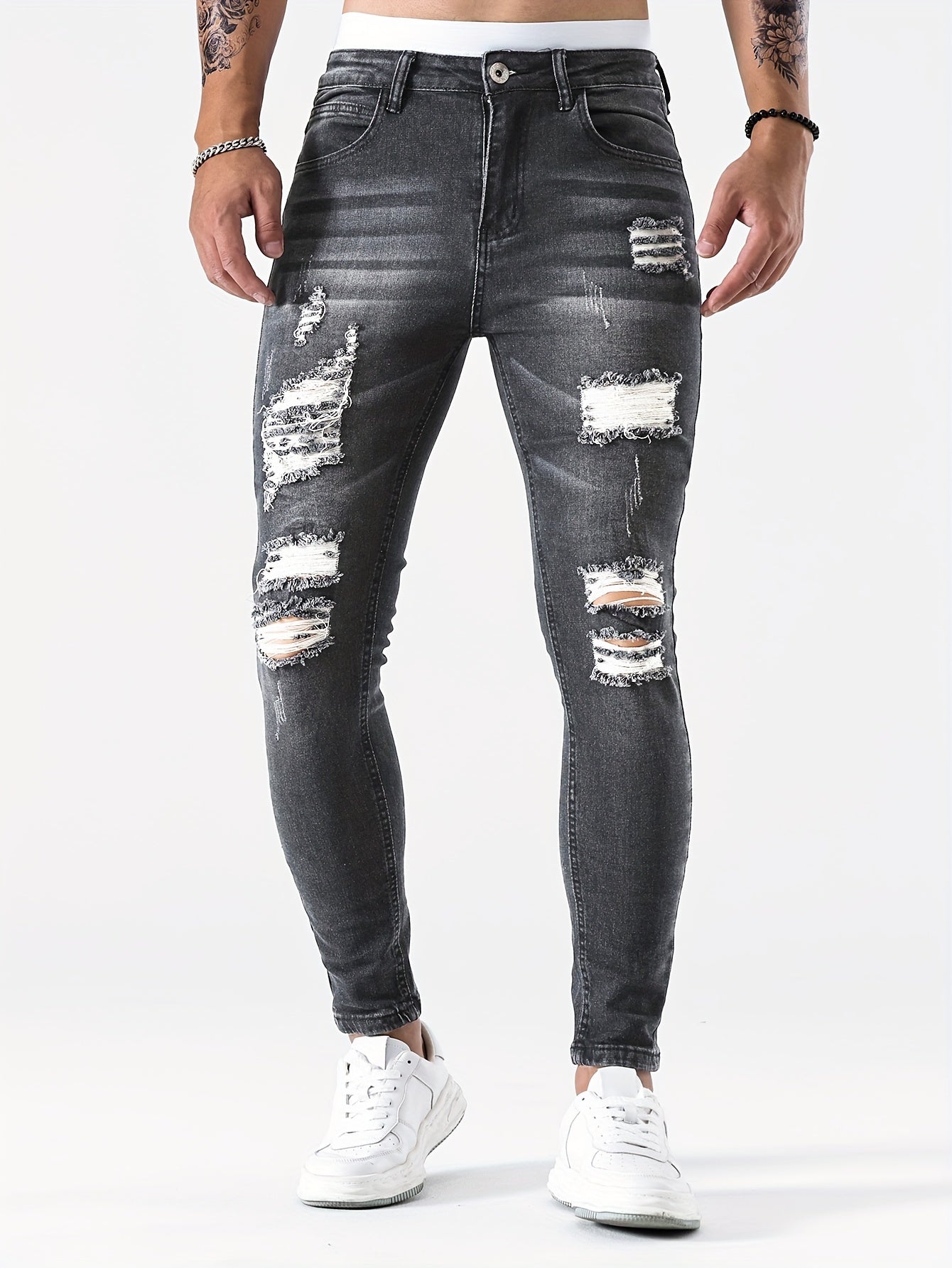 Men’s Skinny Jeans - Distressed Ripped Denim - Tapered Fit - Casual Streetwear